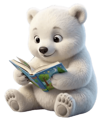 A polar bear cub holding a storybook