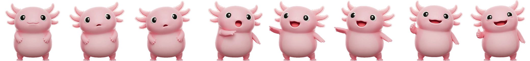 Eight frames from the axolotl's loop, side by side